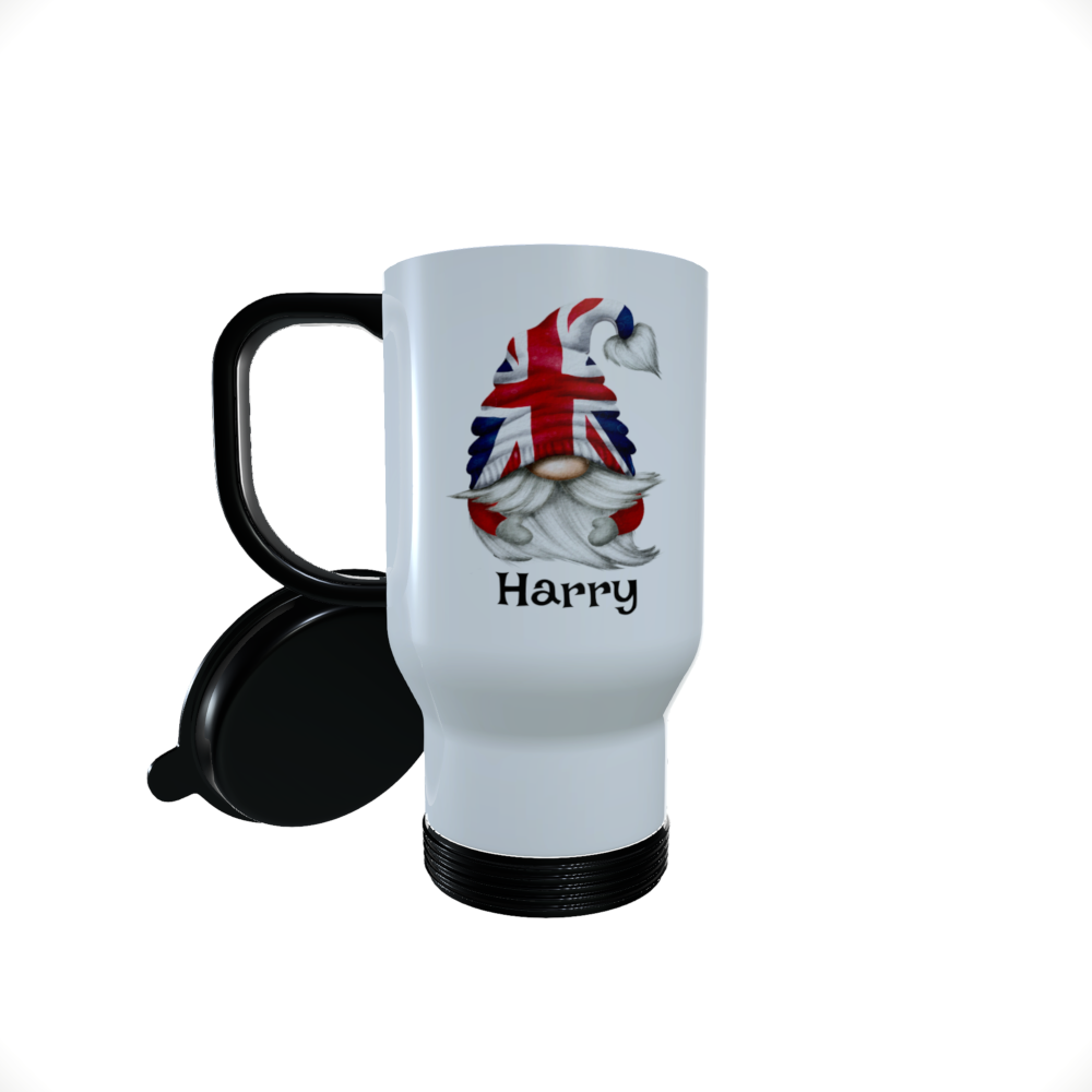 Union Jack Gnome Travel Mug, United Kingdom Gnome, UK Travel Mug